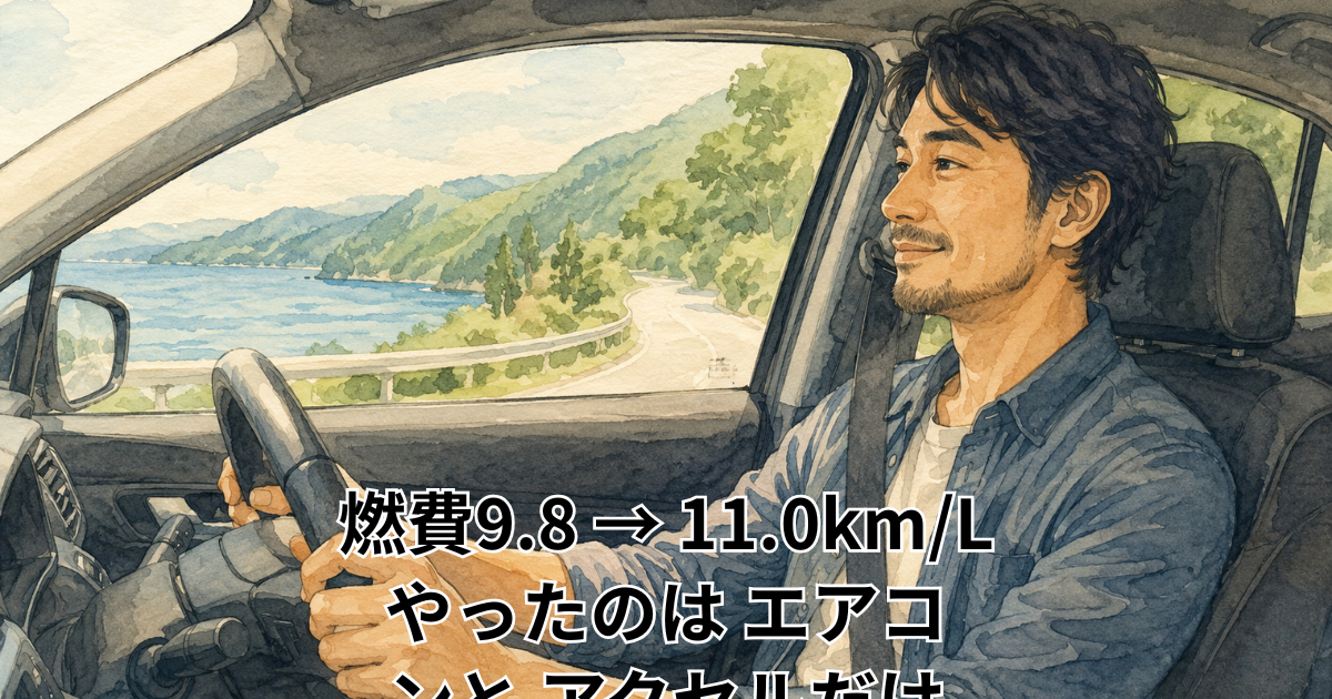 燃費9.8 → 11.0km/L やったのは エアコンと アクセルだけ