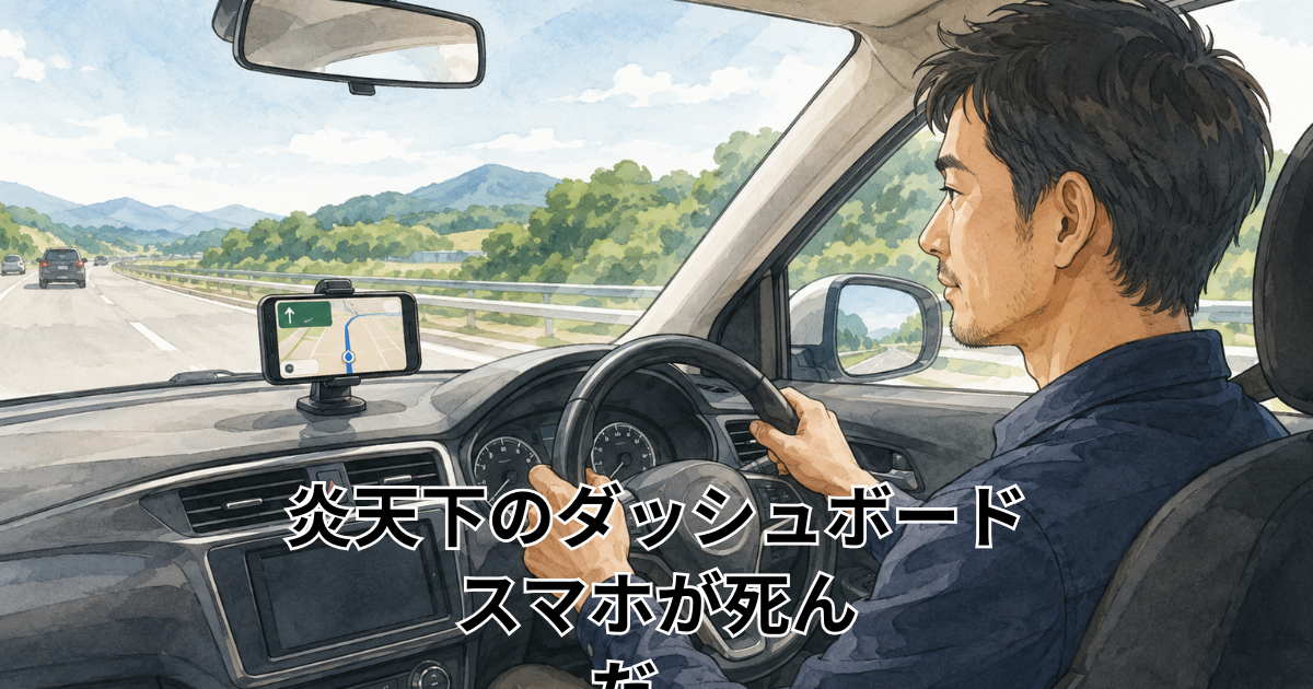 炎天下のダッシュボード、スマホが死んだ。